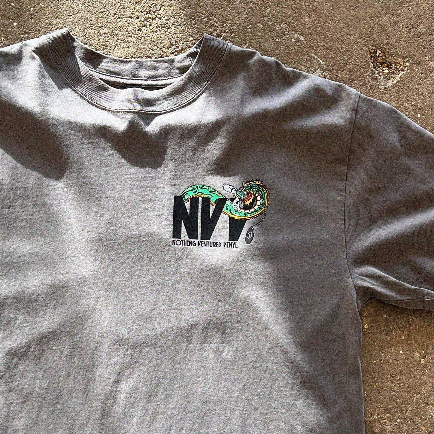 Nothing Ventured Vinyl Dragon T-Shirt, Front Print Close-up