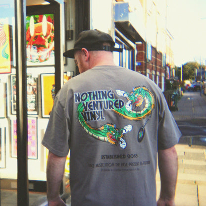 Nothing Ventured Vinyl Dragon T-Shirt, Back Side Angled