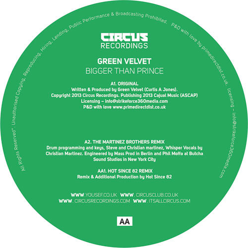 Green Velvet - Bigger Than Prince [12 Inch Vinyl, Circus Recordings, Side AA]