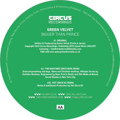 Green Velvet - Bigger Than Prince [12 Inch Vinyl, Circus Recordings, Side AA]