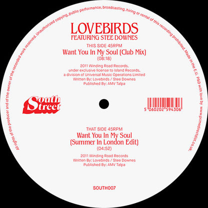 Lovebirds Featuring Stee Downes - Want You In My Soul - 12" Vinyl, South Street, Side A