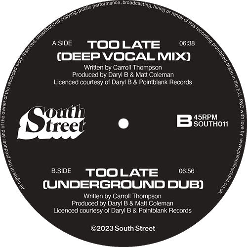 M.A.D Productions feat. Carroll Thompson - Too Late [12 Inch Vinyl, South Street Records, Side A]
