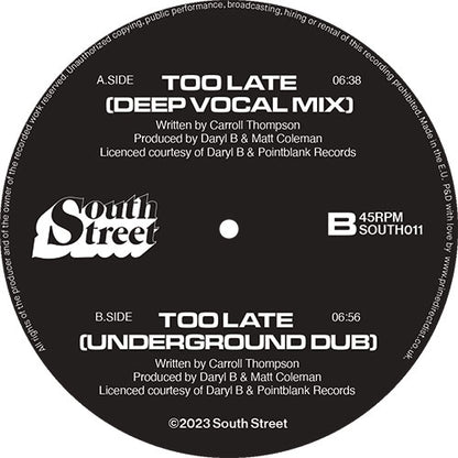 M.A.D Productions feat. Carroll Thompson - Too Late [12 Inch Vinyl, South Street Records, Side A]
