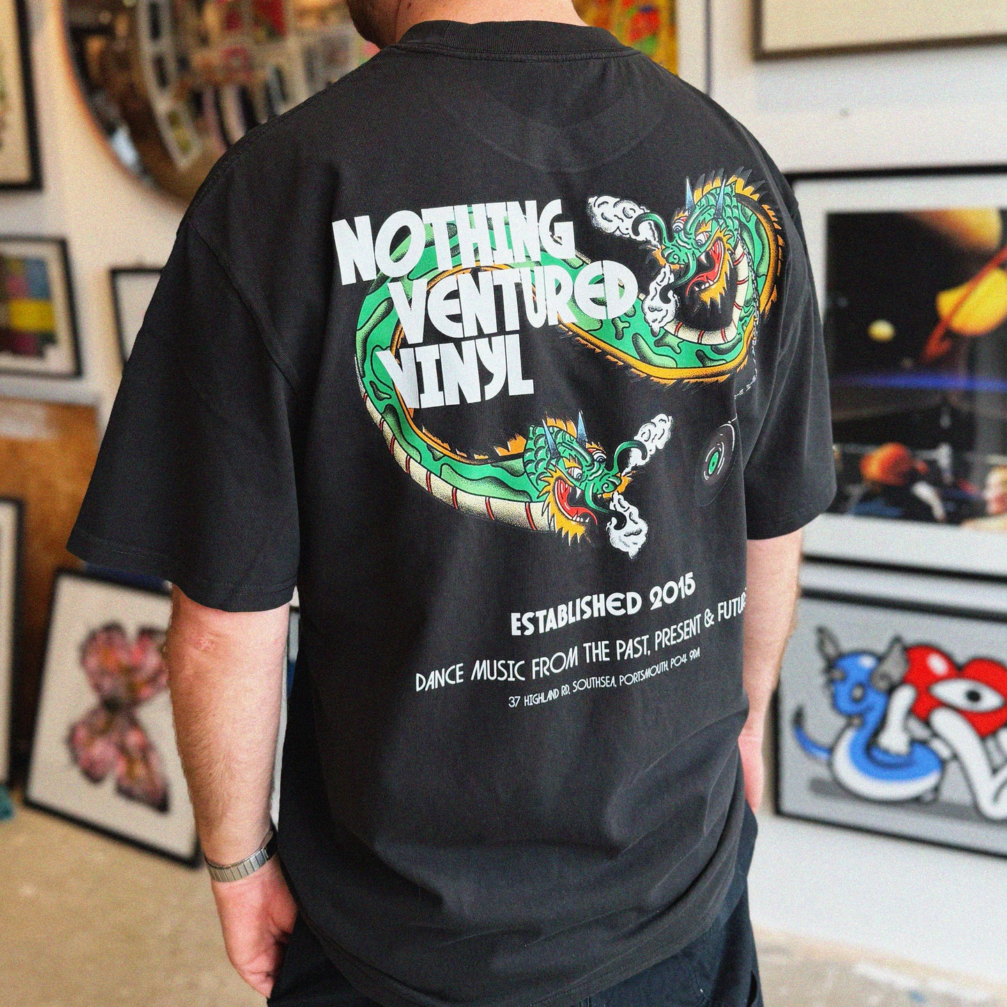 NVV DRAGON TEE BLACK - Nothing Ventured Vinyl, Back Design