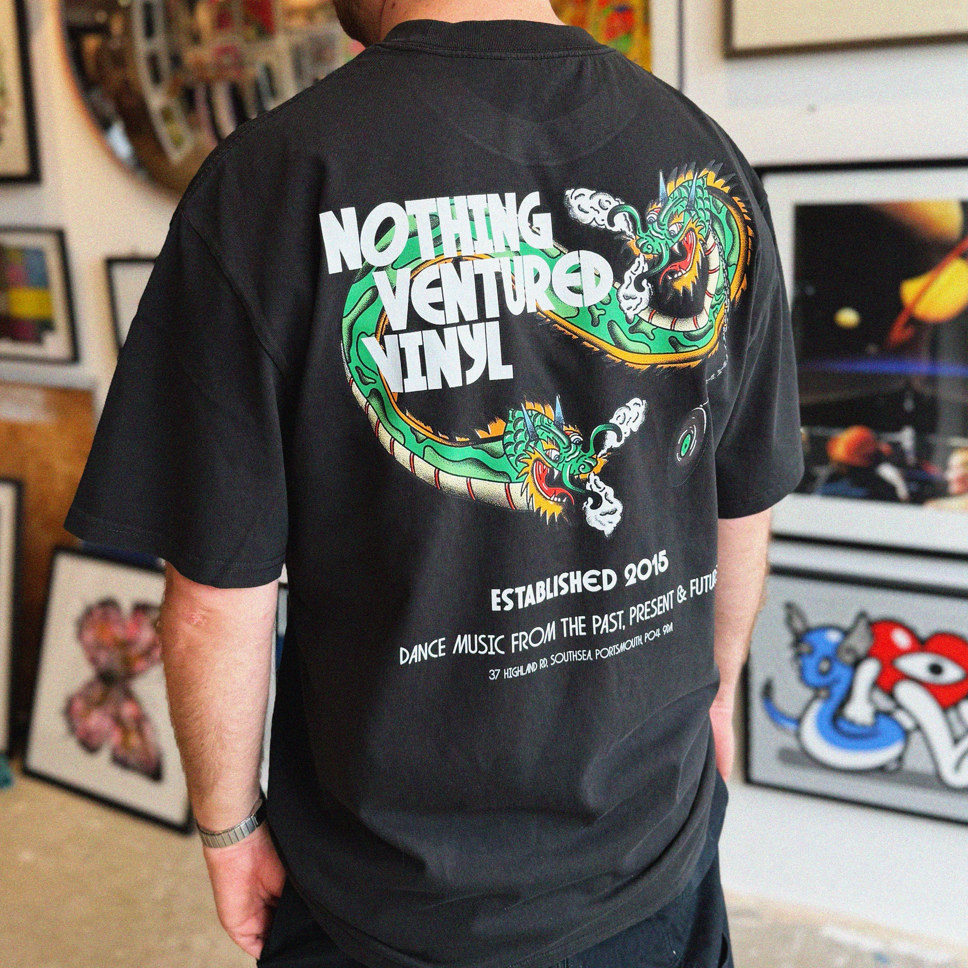 NVV DRAGON TEE BLACK - Nothing Ventured Vinyl, Back Design