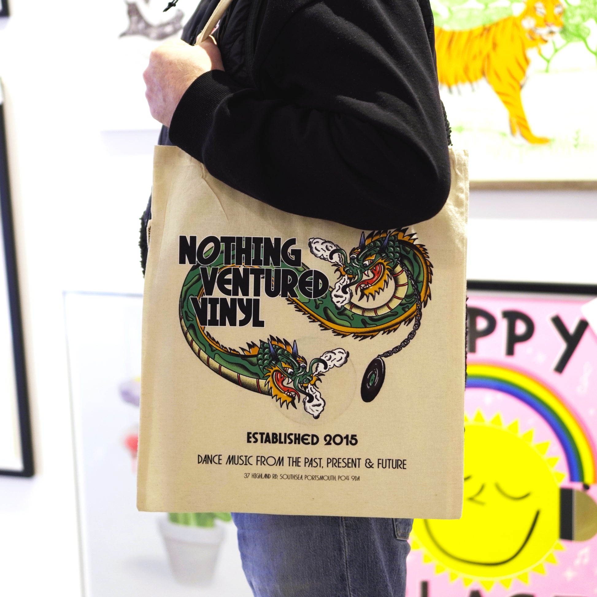 Nothing Ventured Vinyl - Dragon Print Tote Bag (Side Shot)