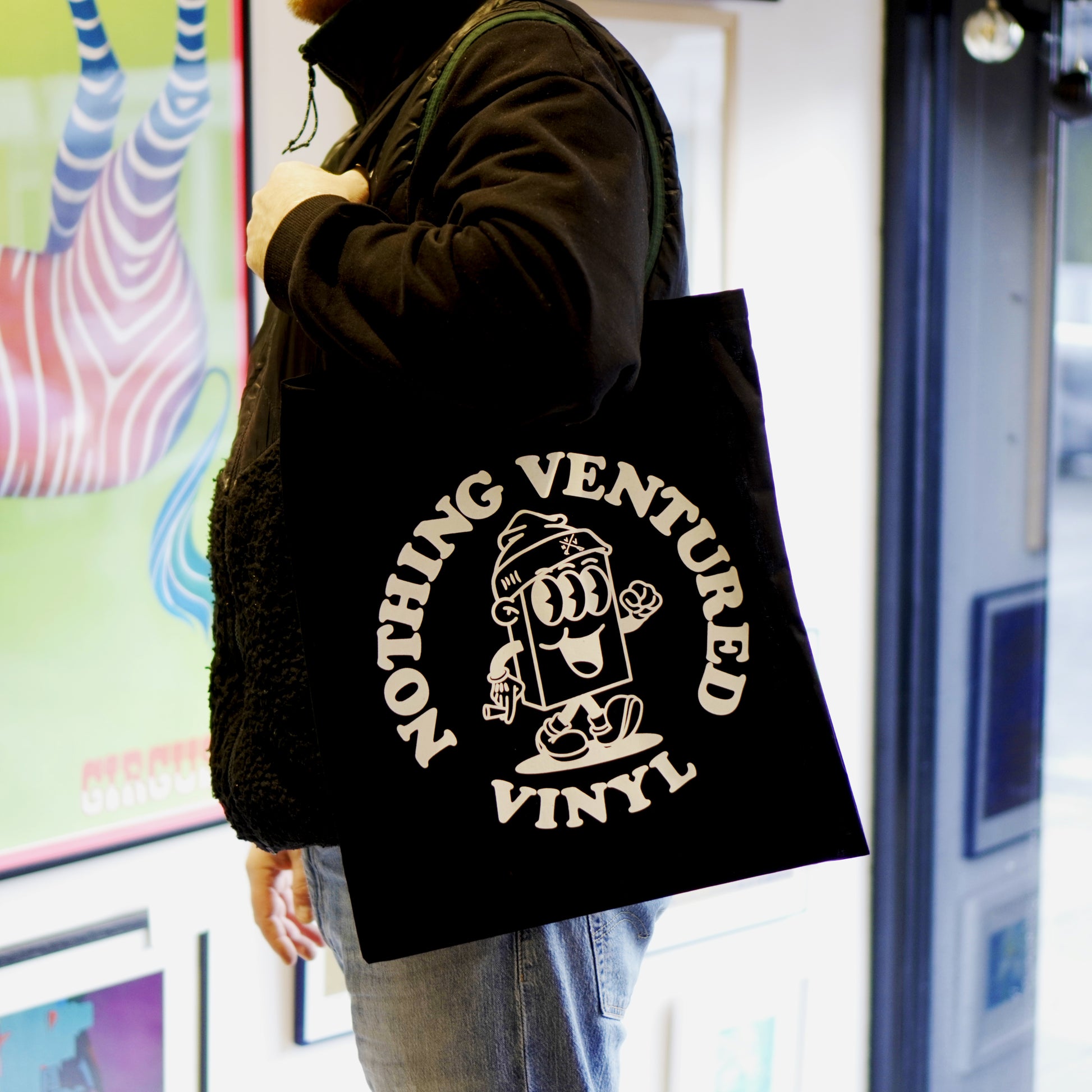 Nothing Ventured Vinyl Tote Bag - Black (Side Shot)