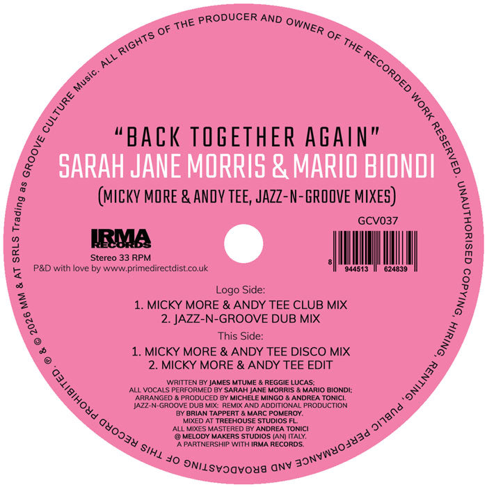 Sarah Jane Morris & Mario Biondi - Back Together Again (Micky More & Andy Tee, Jazz-N-Groove Mixes) [12 Inch Vinyl, Groove Culture, Side B]