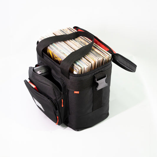 Selektor Worker Bag - Black, Side Angle with Vinyl Records